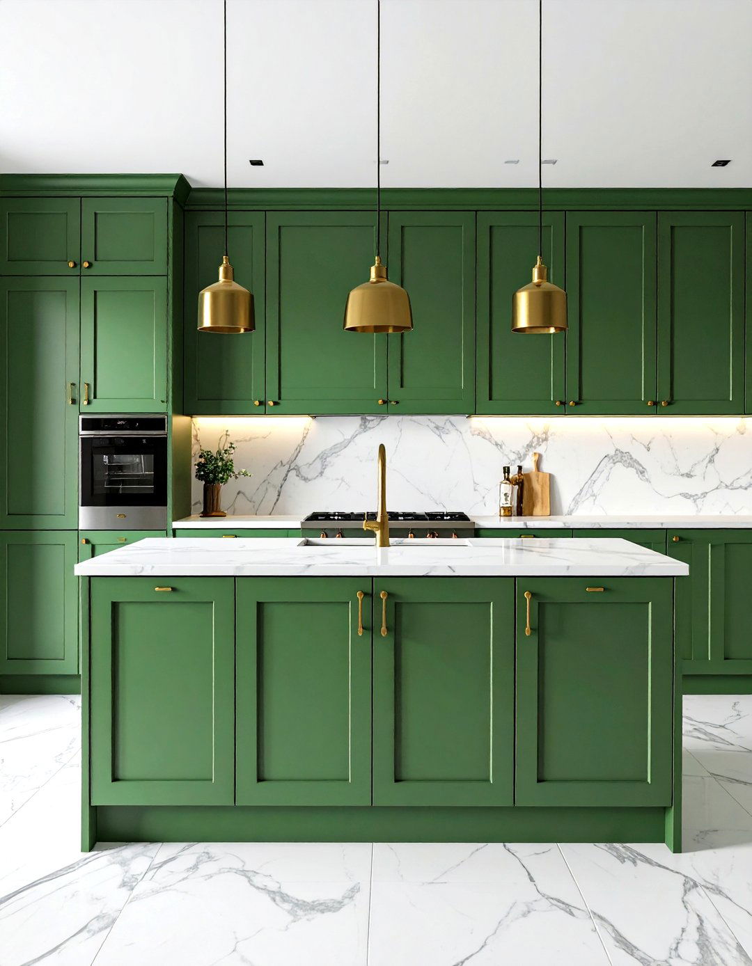 Olive Green Shaker Kitchen Cabinets with White Marble Countertops - 20 Olive Green Kitchens