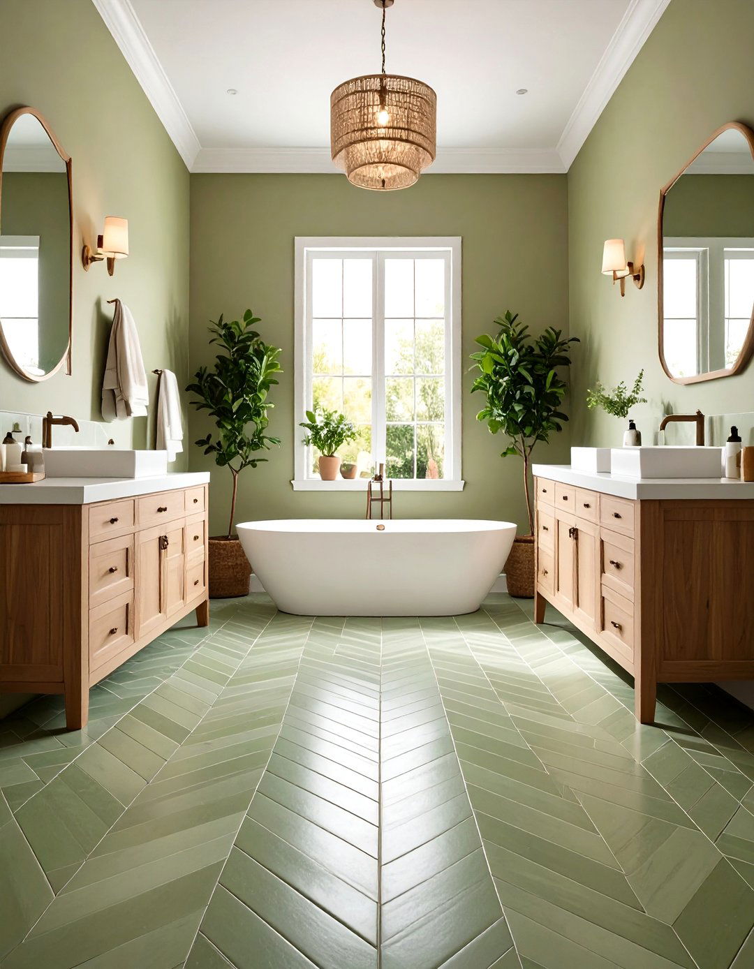 Olive Green Tile Bathroom Herringbone Floor - 20 Green Tile Bathroom Ideas