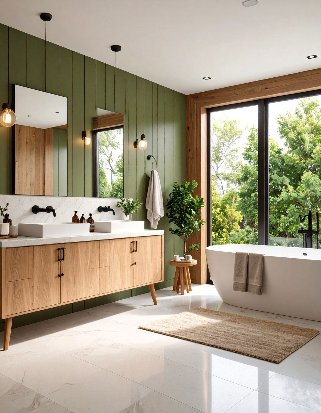Olive Paneling Meets Light Gray Marble Countertops - 20 Green and Grey Bathroom Ideas