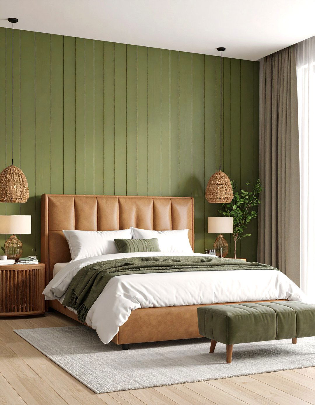 Olive Shiplap Accent Behind the Headboard - 20 Green Panelling Bedroom Ideas