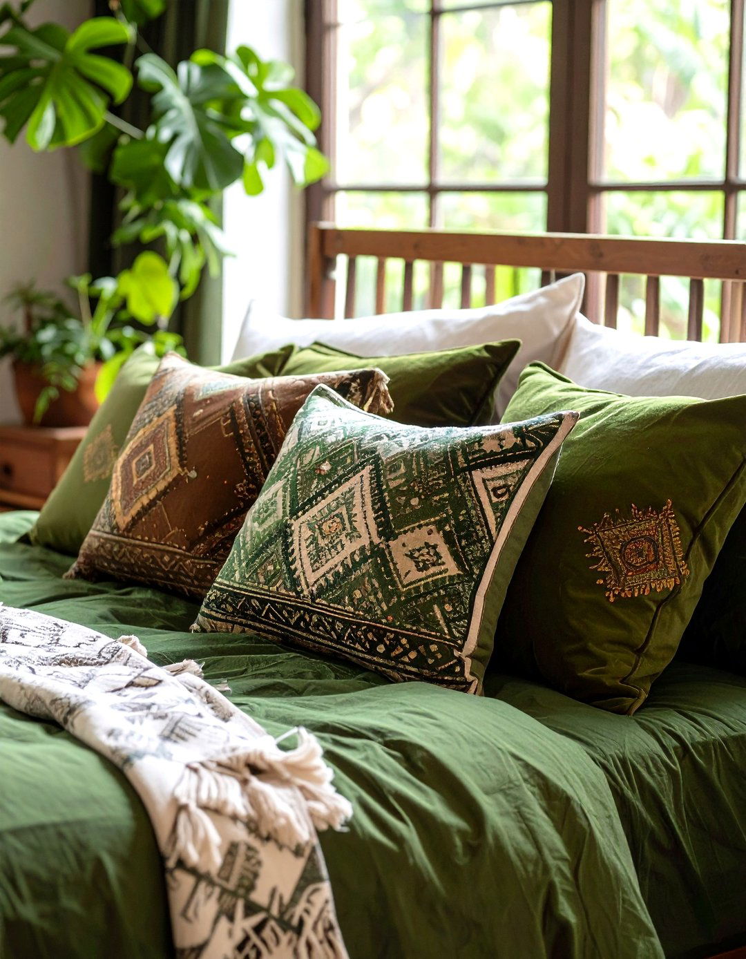 Olive Tone Throw Pillows Mix Patterns Playfully - 20 Green Boho Bedroom Ideas