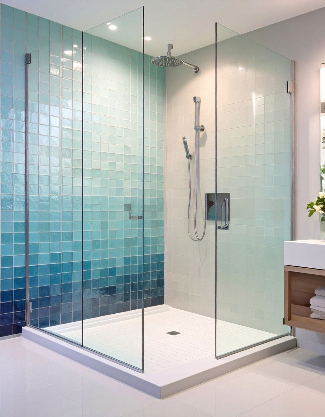 Ombre Mosaic Shower Wall - 20 Blue and White Bathroom Ideas