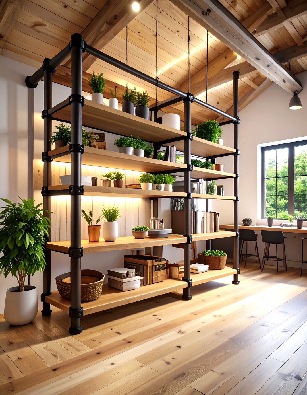 One Room Cabin Industrial Pipe Shelving - 20 One Room Cabin Interior Design Ideas