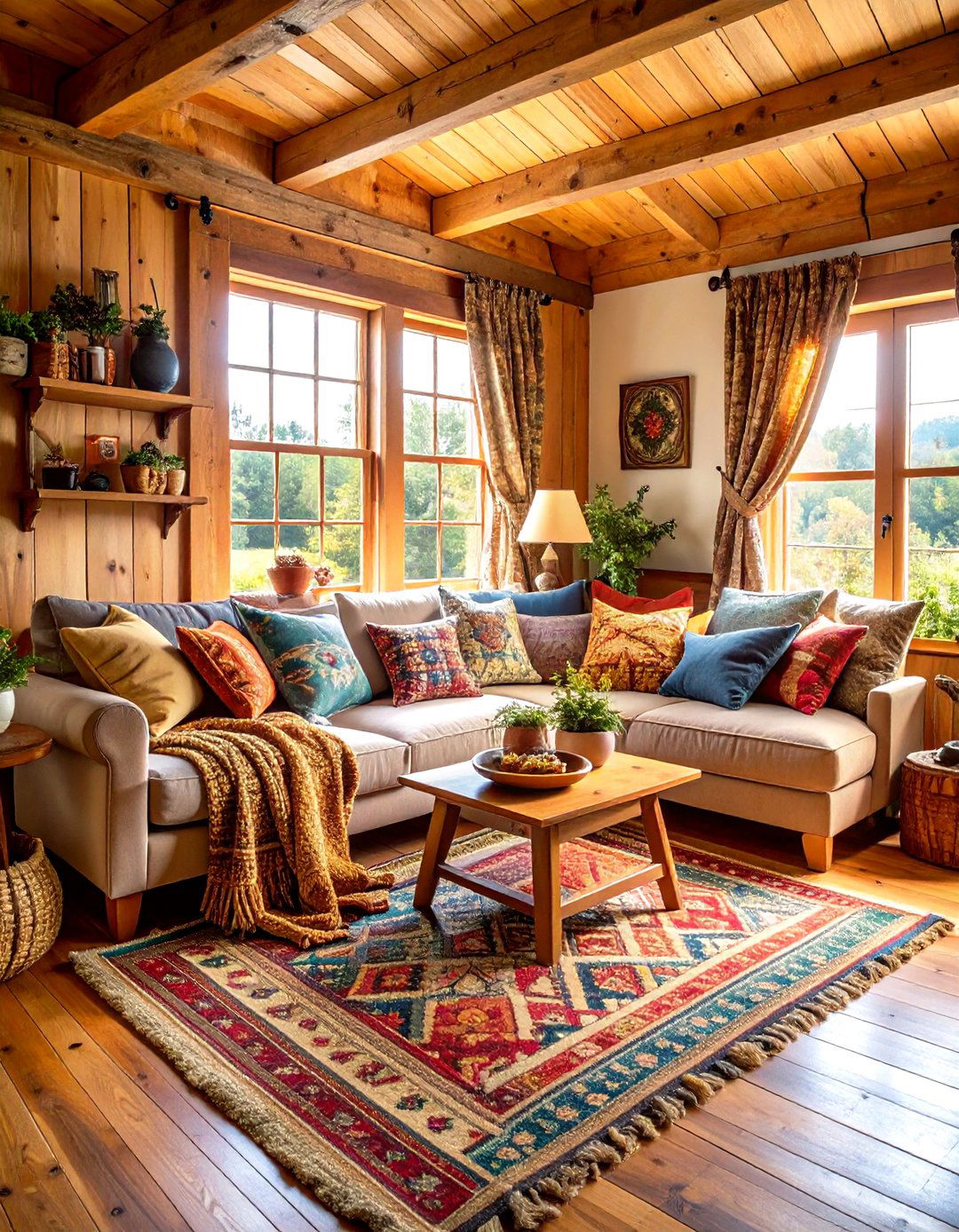 One Room Cabin Vintage Textile Accents - 20 One Room Cabin Interior Design Ideas