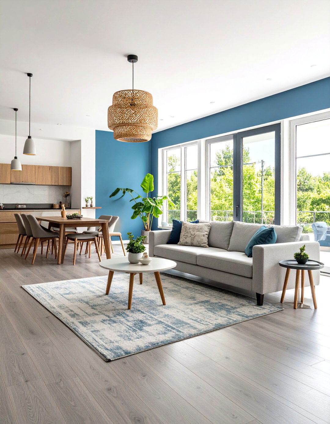 Open Concept Grey Floor Living Room with Blue Walls Flowing Design - 20 grey floor living room with blue walls ideas