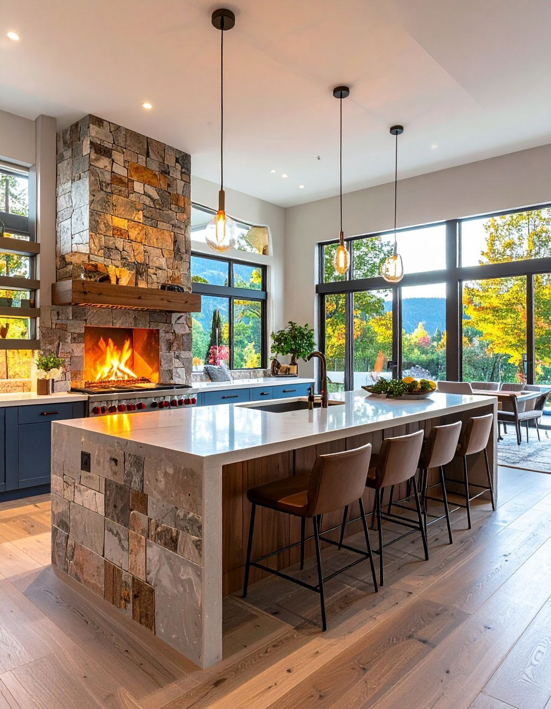 Open Concept Kitchen Fireplace With Room Division - 20 Kitchens With Fireplaces