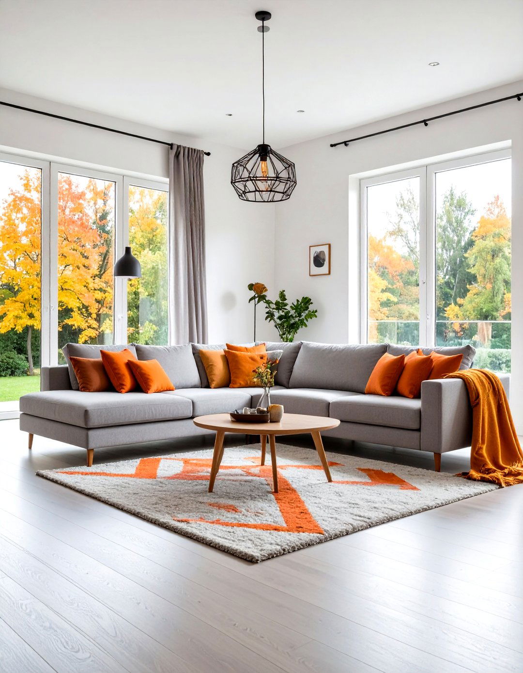 Open Concept Orange and Grey Living Room with Zoned Areas - 20 Orange and Grey Living Room Ideas