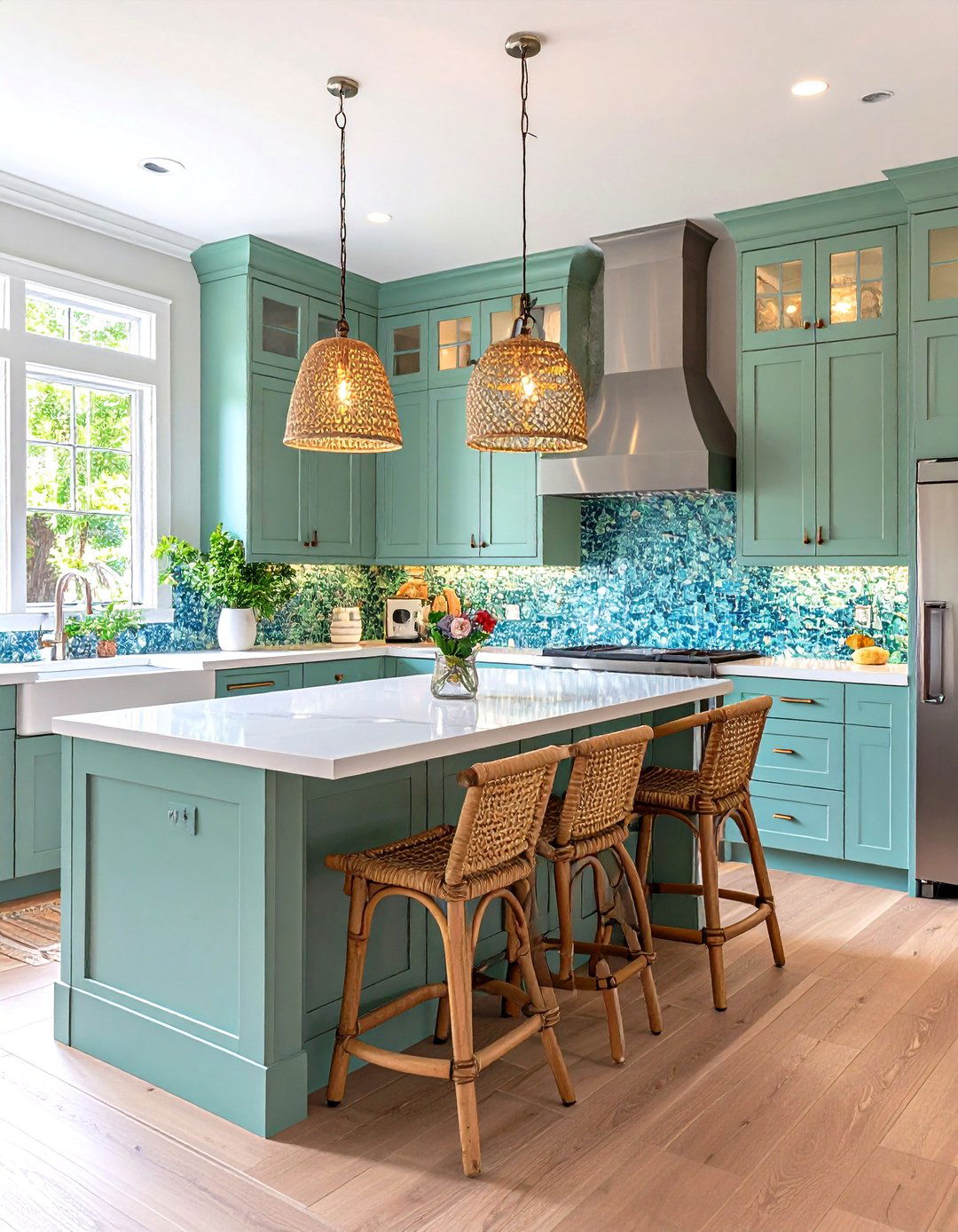 Open Concept Sage Green Kitchen with Natural Light and Plant Integration - 20 Sage Green Kitchen Ideas