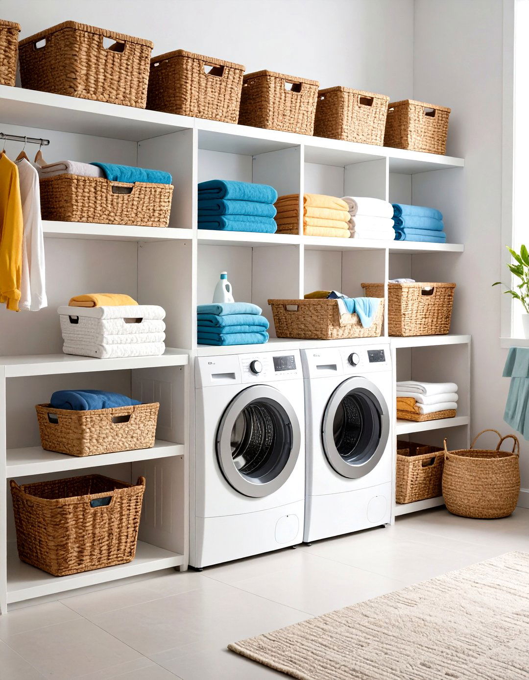 Open Display Laundry Room Shelf with Coordinated Baskets - 20 Laundry Room Shelf Ideas