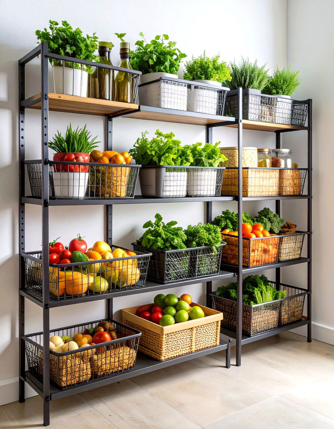 Open Pantry Wall with Wire Basket Storage - 20 Open Pantry Ideas