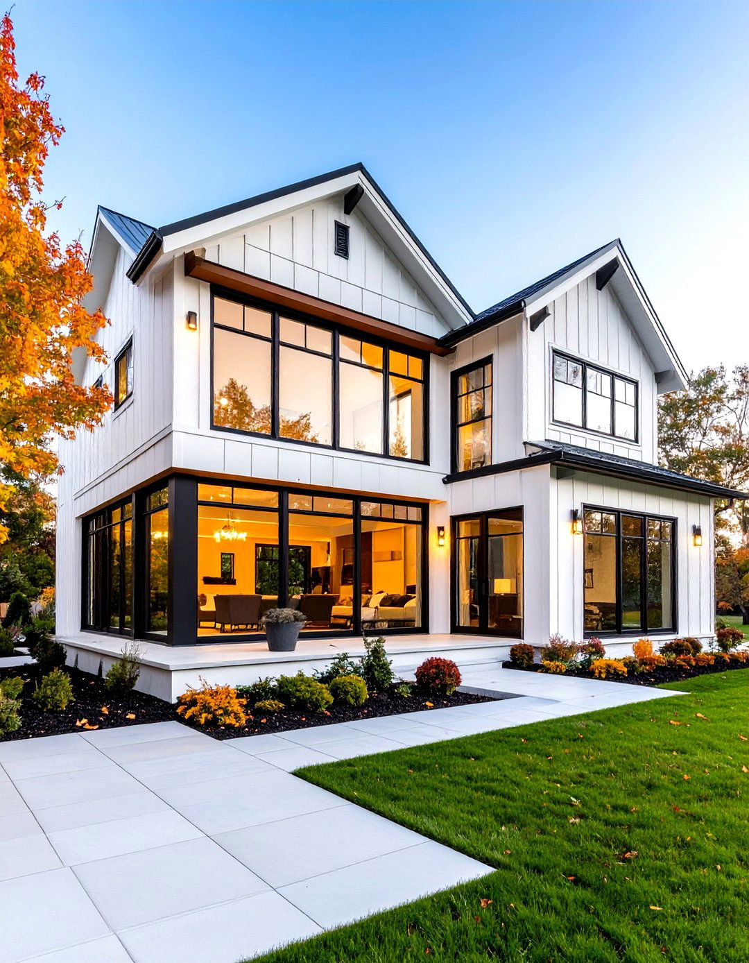Open Plan Emphasis White Farmhouse With Black Windows Interior Connection - 20 White Farmhouse With Black Windows Ideas