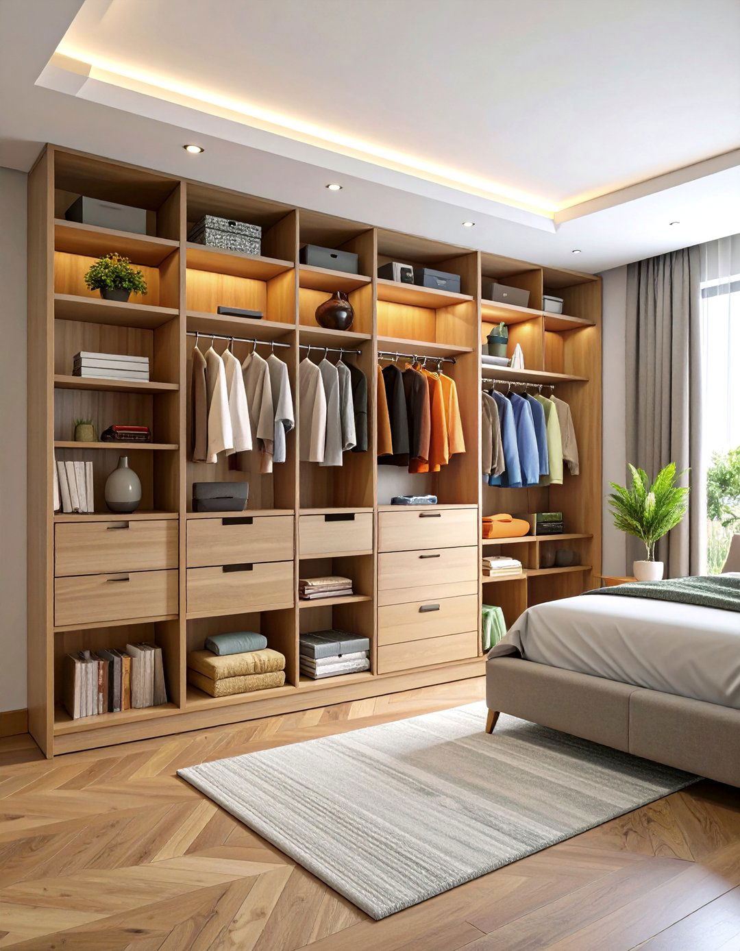 Open Shelf Display Span - 20 Built-in Wardrobe Ideas Around a Bed