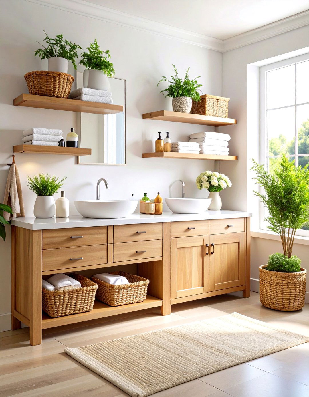 Open Shelf Double Vanity Displaying Essentials - 20 Double Vanity Bathroom Ideas