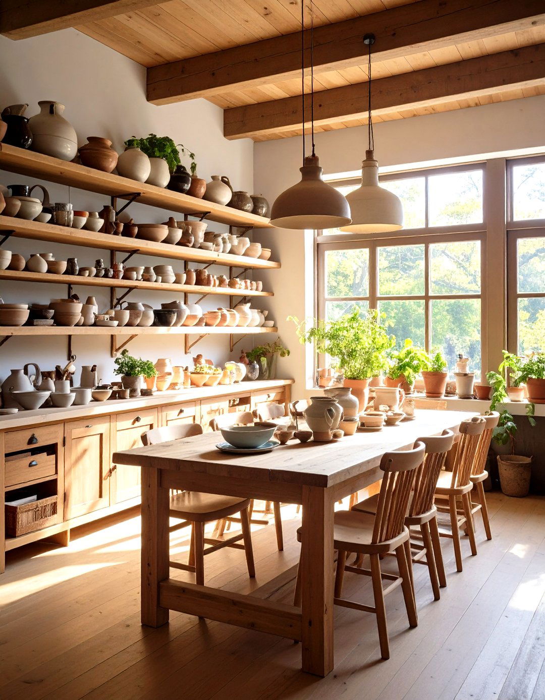 Open Shelves Highlight Handcrafted Pottery in the Craftsman Dining Room - 20 Craftsman Dining Room Ideas