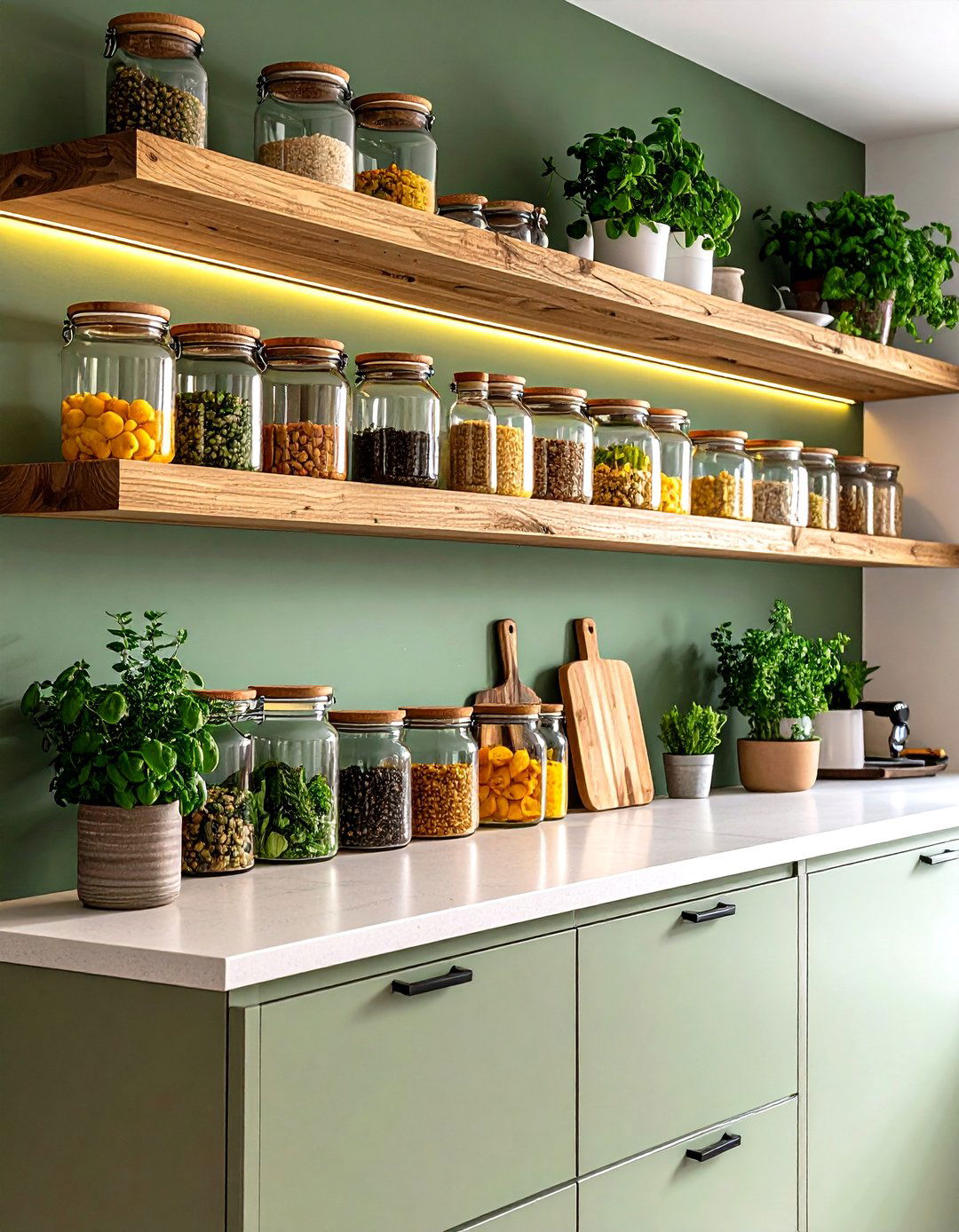 Open Shelves with Citrus Display Kitchen - 20 Green and Yellow Kitchen Ideas