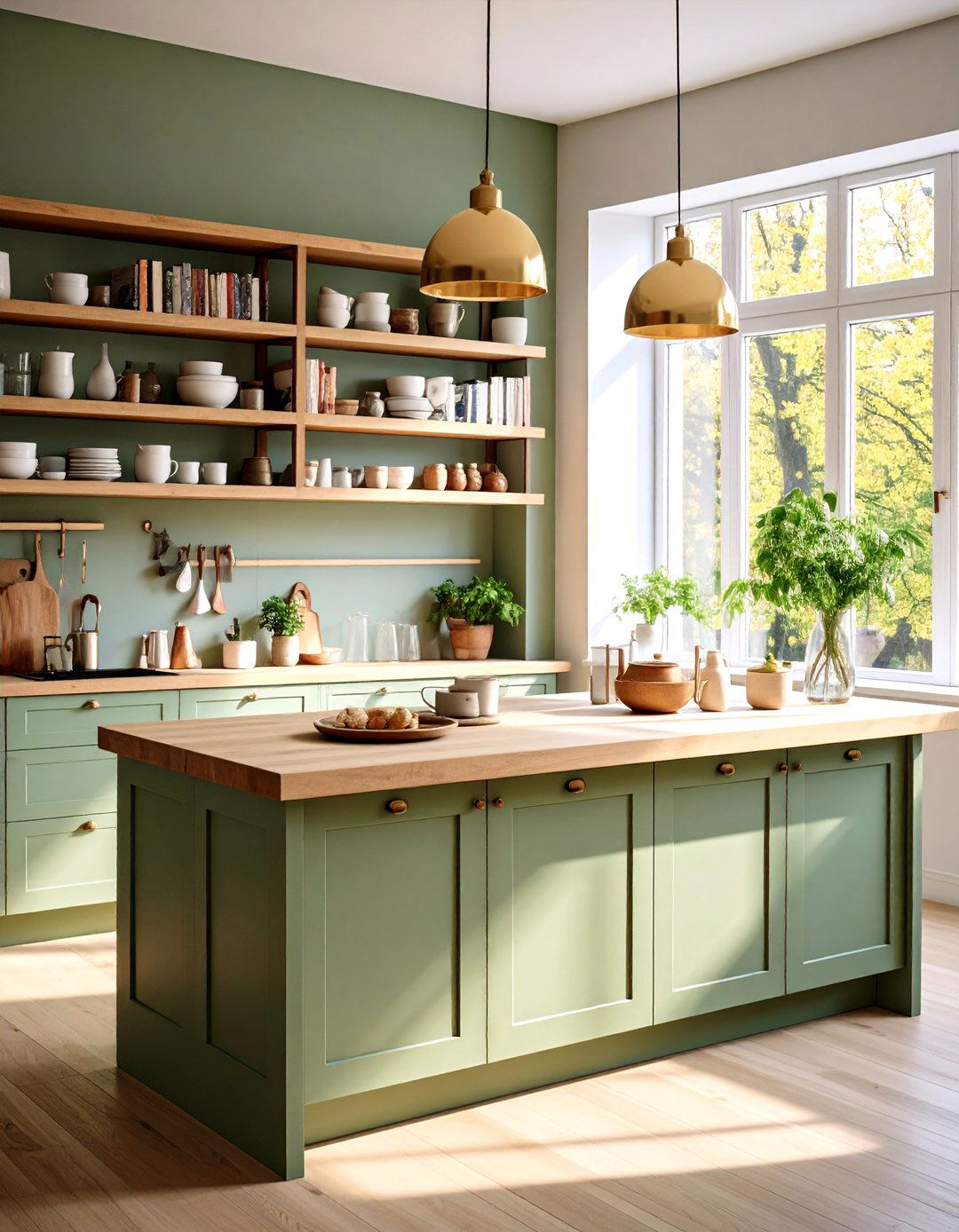 Open Shelving Accent - 20 Sage Green Kitchen Island Ideas