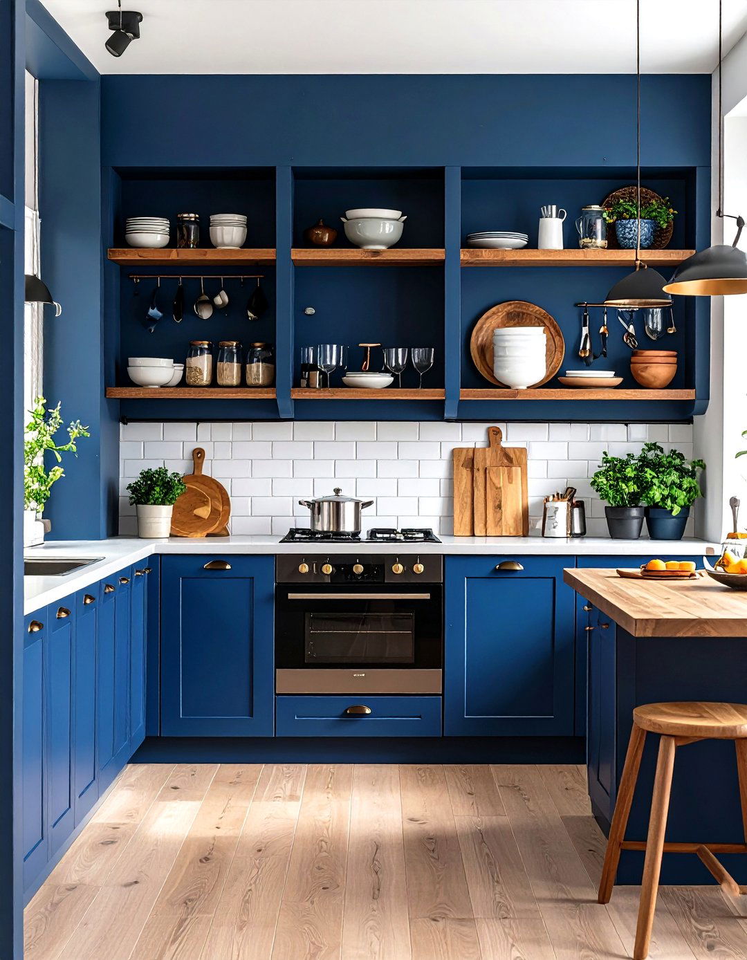 Open Shelving Balanced with Color - 20 Two Tone Kitchen Cabinet Ideas