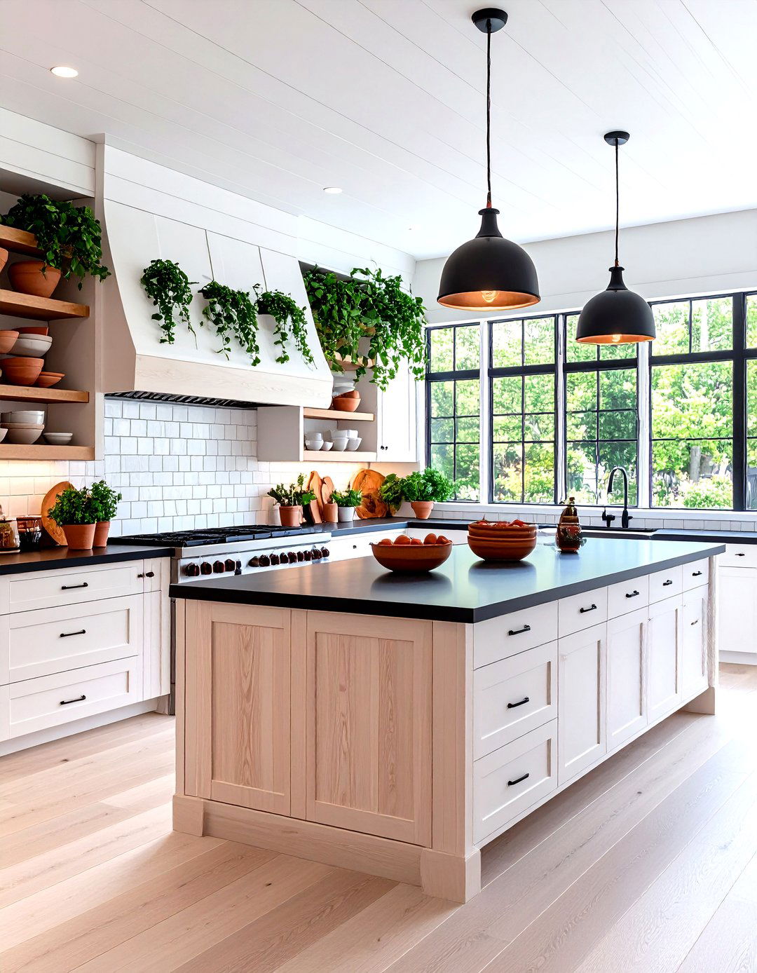 Open Shelving Display White Kitchen with Black Countertops - 20 white kitchen with black countertops ideas