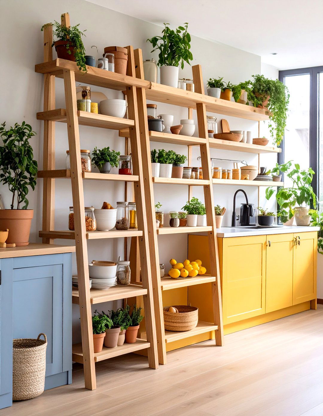 Open Shelving Kitchen Ladder Style Vertical Storage - 20 Open Shelving Kitchen Ideas
