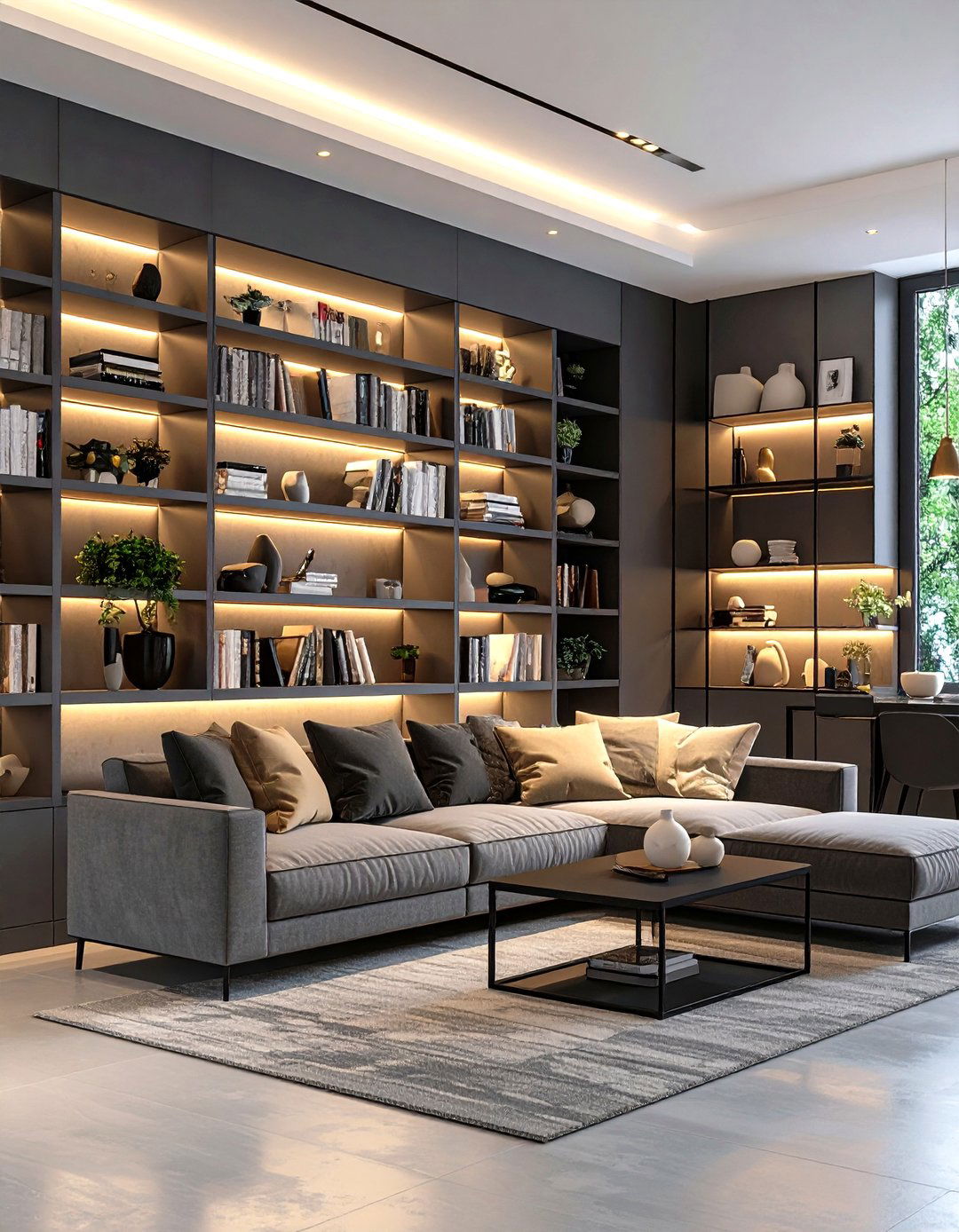Open Shelving Styling in Grey and Cream Living Areas - 20 Grey and Cream Living Room Ideas