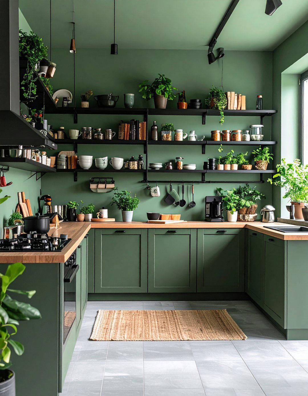 Open Shelving in Black against Sage Green Walls - 20 Sage Green and Black Kitchen Ideas