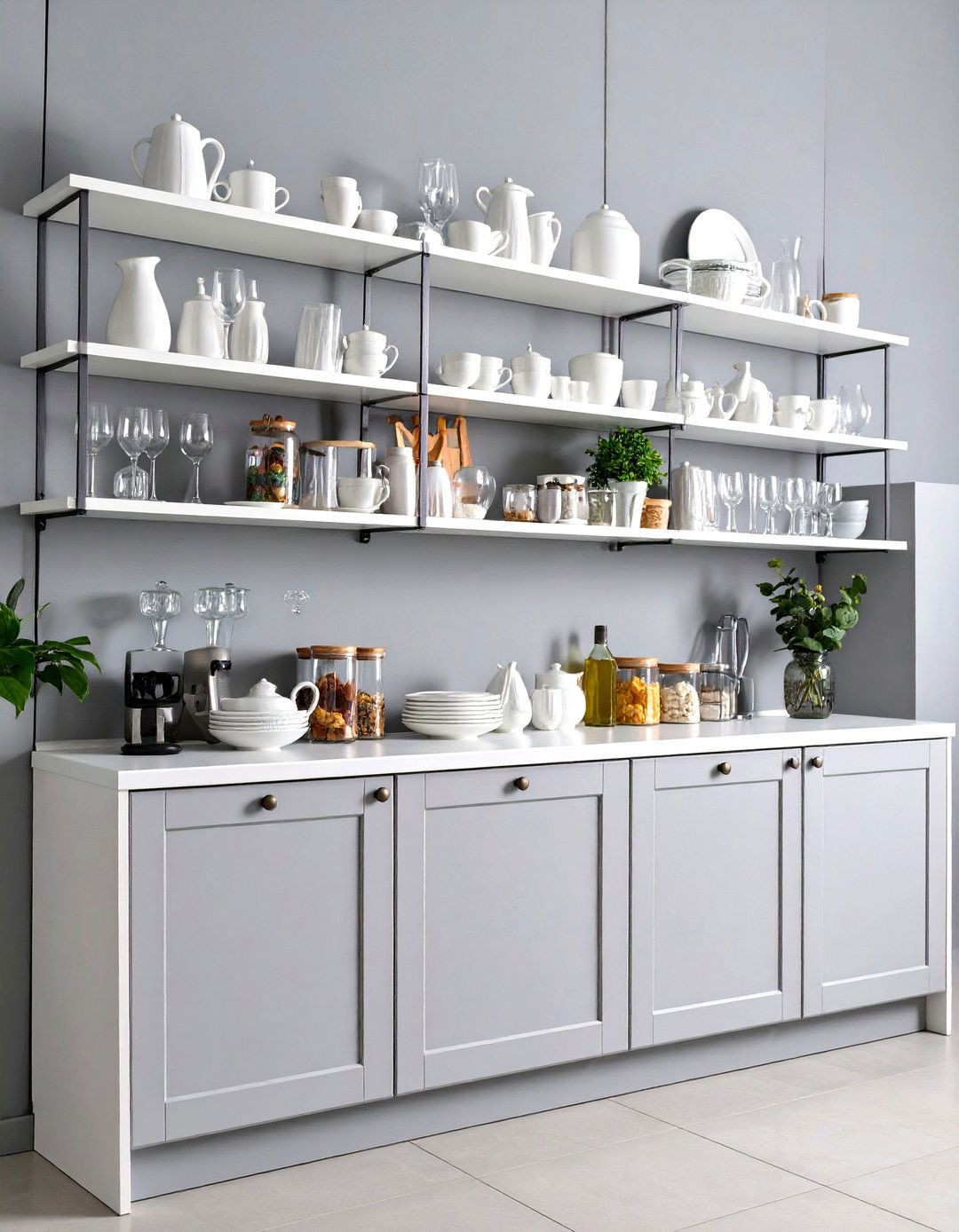 Open Shelving in Crisp White - 20 Grey and White Kitchen Ideas