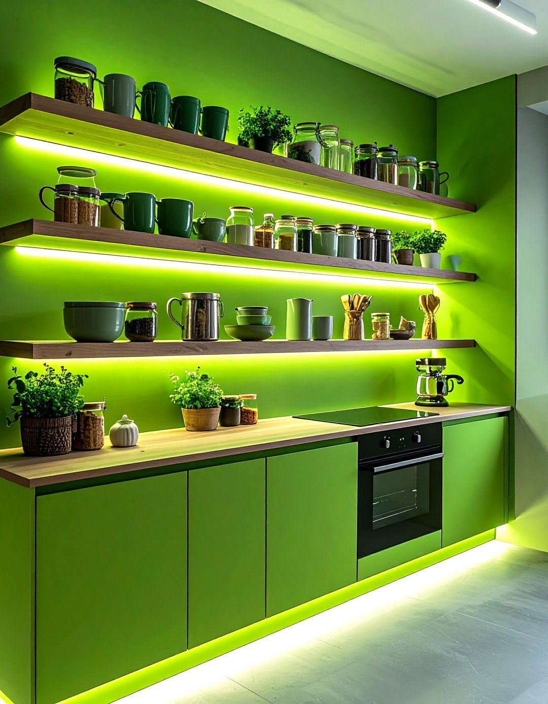 Open Shelving to Break Green Runs - 20 Green Kitchen Cabinet Ideas