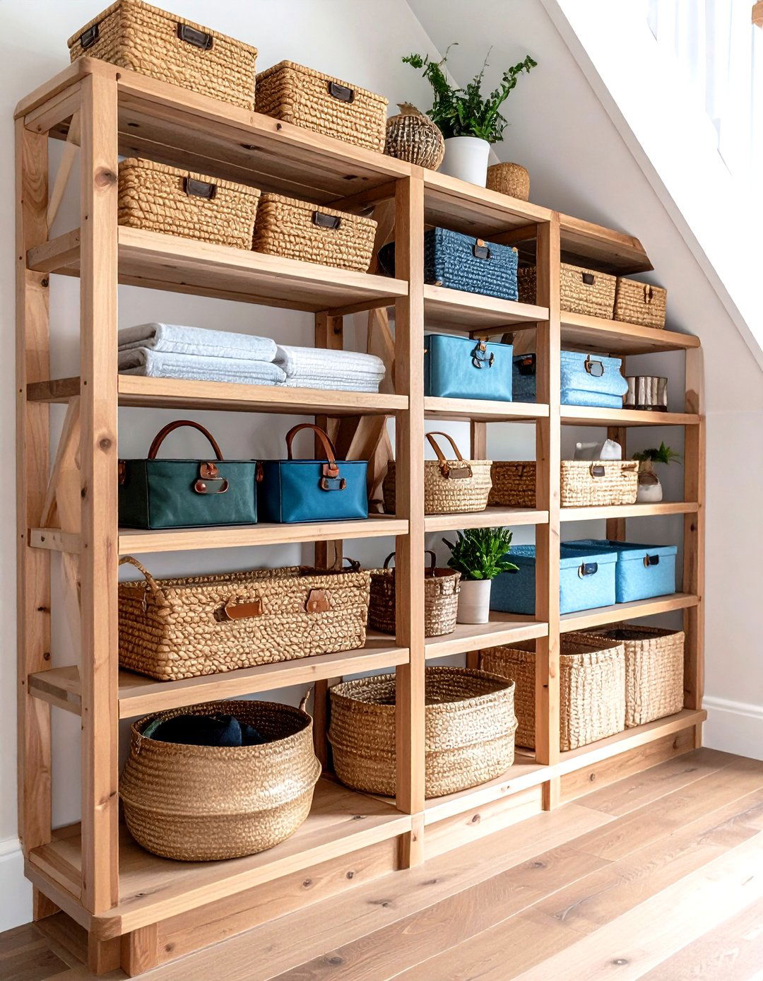 Open Shelving with Baskets - 20 Under Stair Storage Ideas
