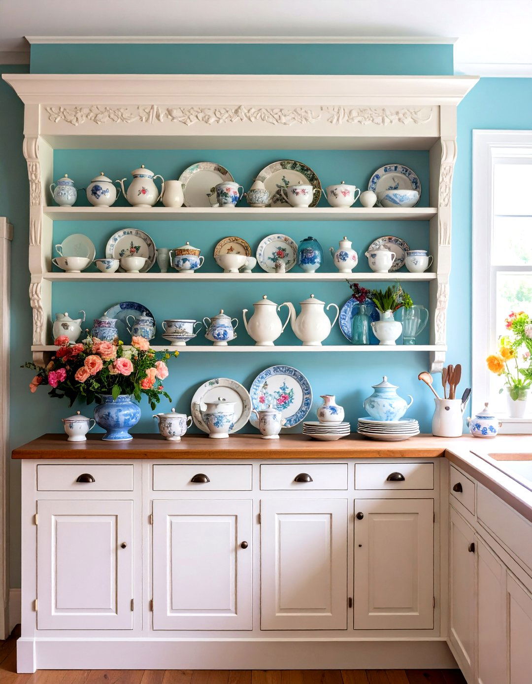 Open Shelving with Decorative Crockery - 20 Victorian Kitchen Ideas