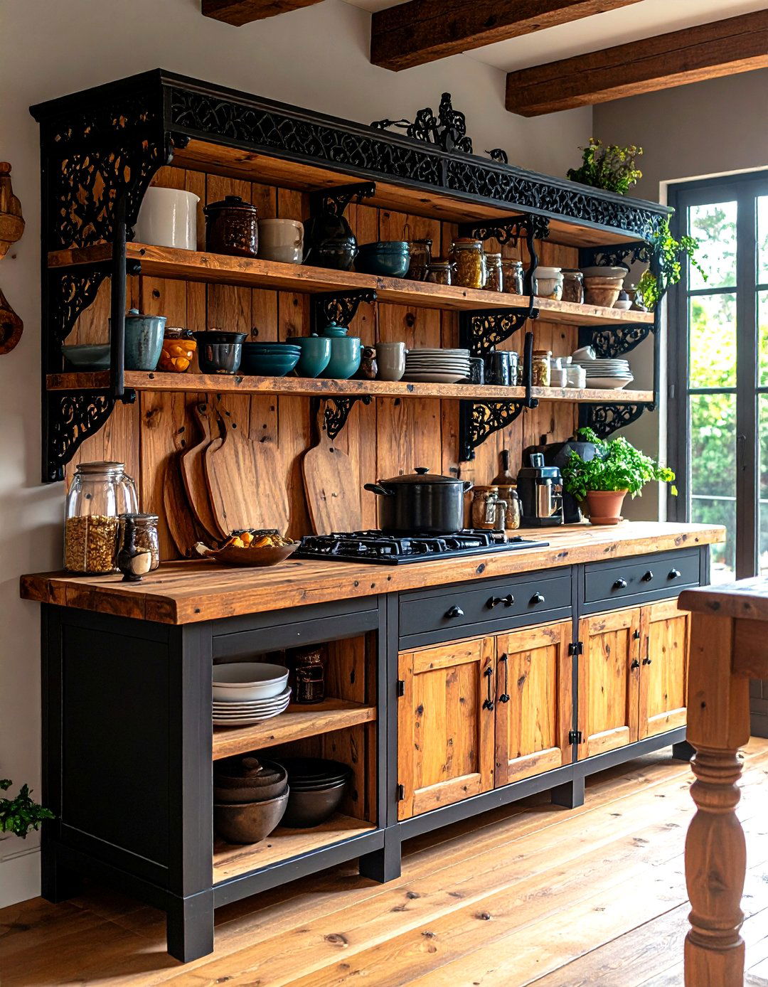 Open Shelving with Lace or Forged Brackets Shows Off Style - 20 Gothic Kitchen Ideas