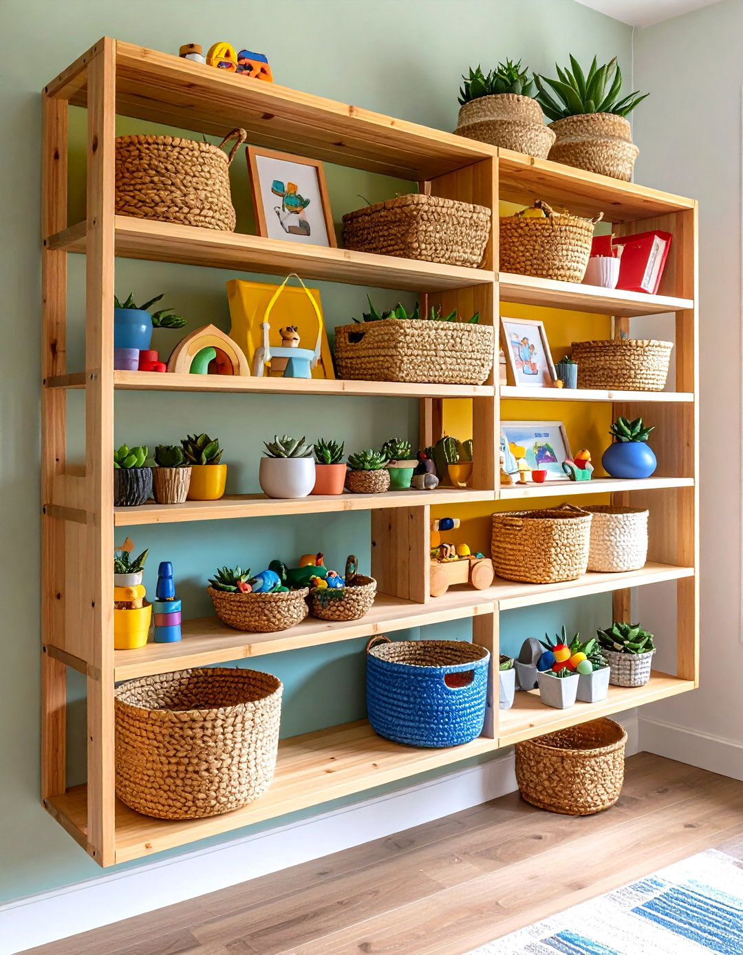 Open Shelving with Natural Materials - 20 Boho Toddler Room Ideas
