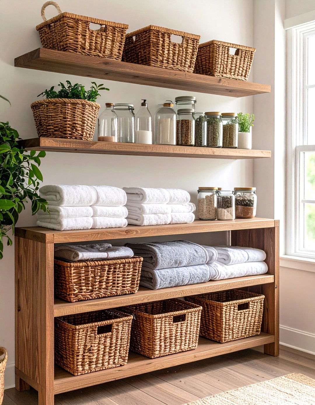 Open Shelving with Natural Wood Finishes - 20 Farmhouse Laundry Room Ideas