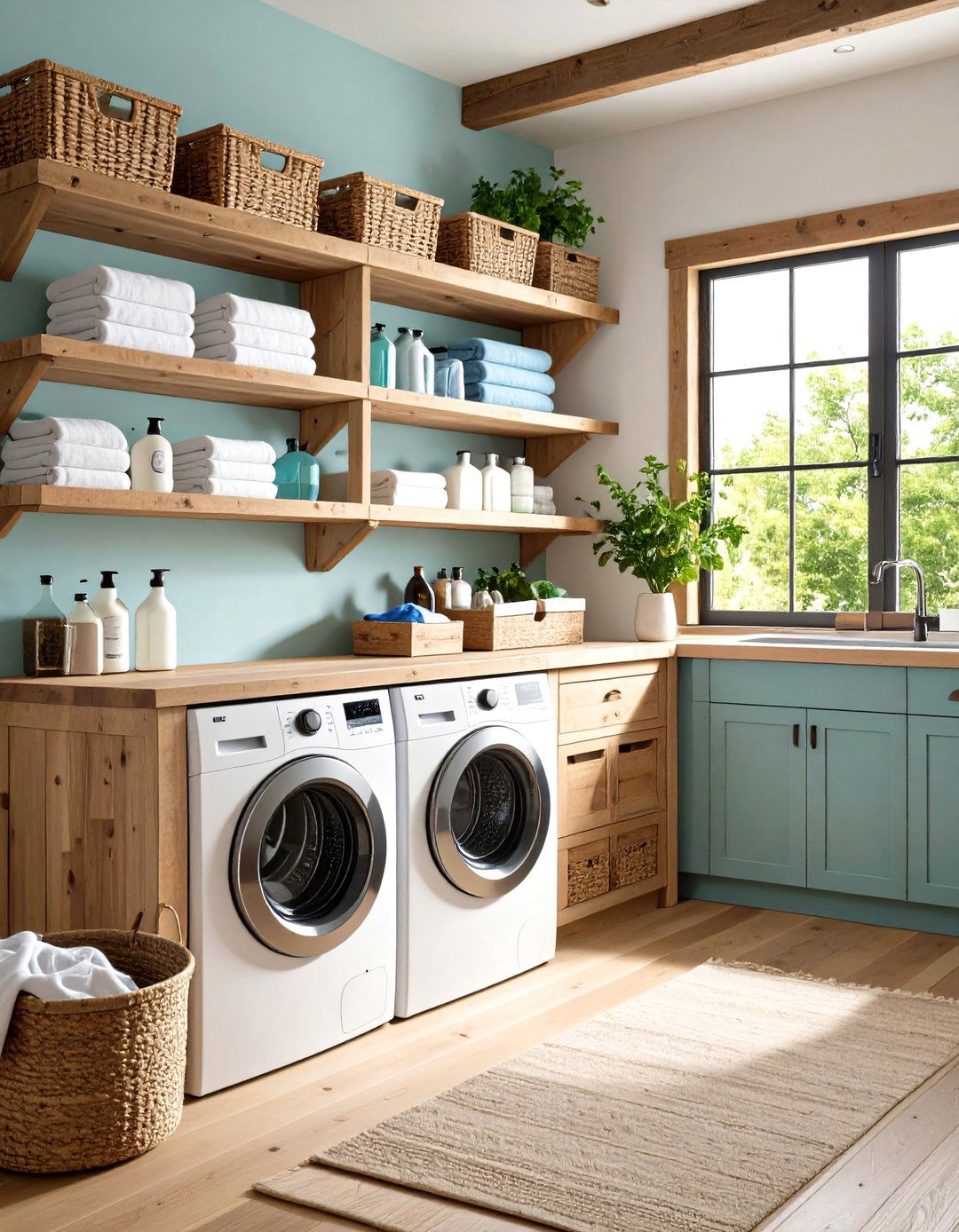 Open Shelving with Reclaimed Wood in Rustic Laundry Room Organization - 20 Rustic Laundry Room Ideas