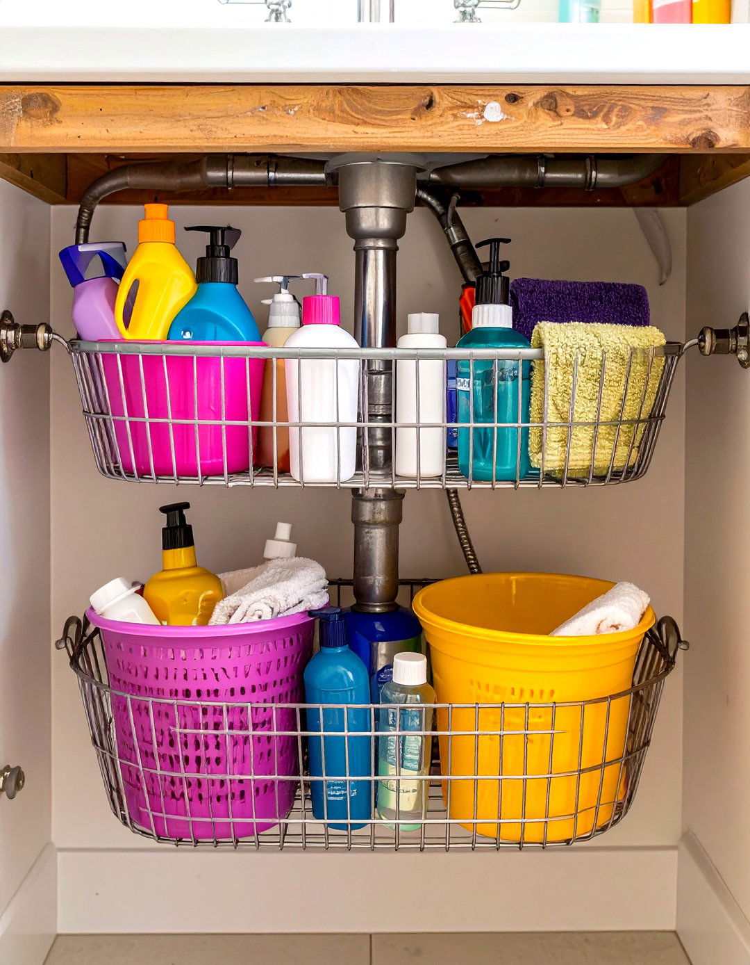 Opt for Wire Baskets Under the Sink - 20 Small Bathroom Storage Ideas