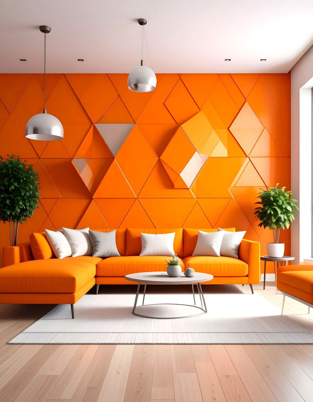 Orange Geometric Pattern Accent Wall with Modern Lines - 20 Orange Accent Wall Ideas