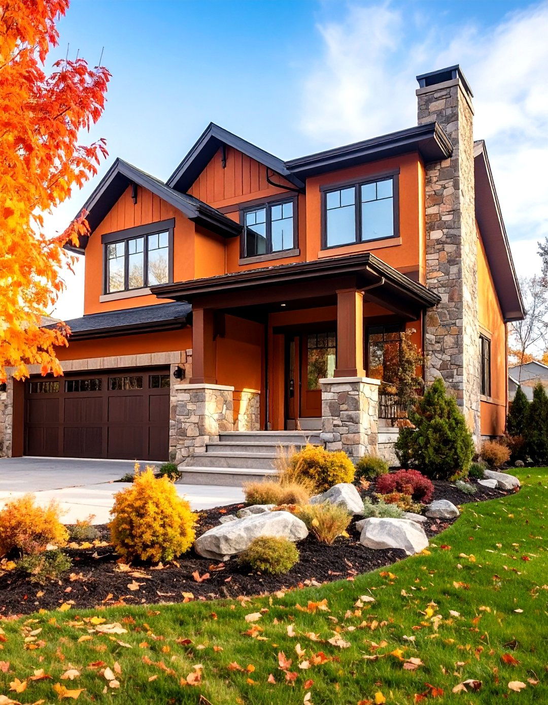 Orange House Exterior with Stone Accent Materials - 20 Orange House Exterior Ideas