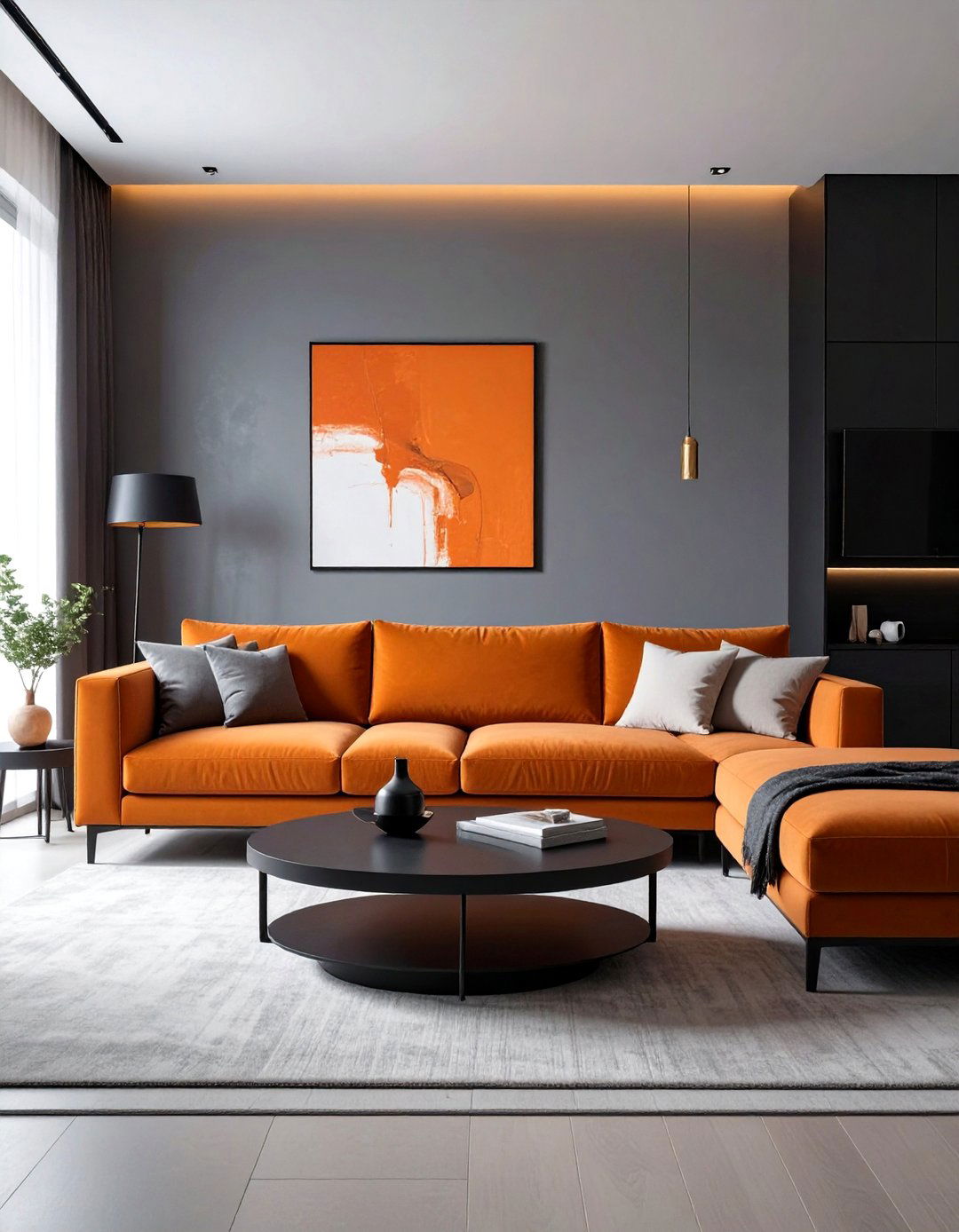 Orange Sofa Against Black Backdrop - 20 Black and Orange Living Room Ideas