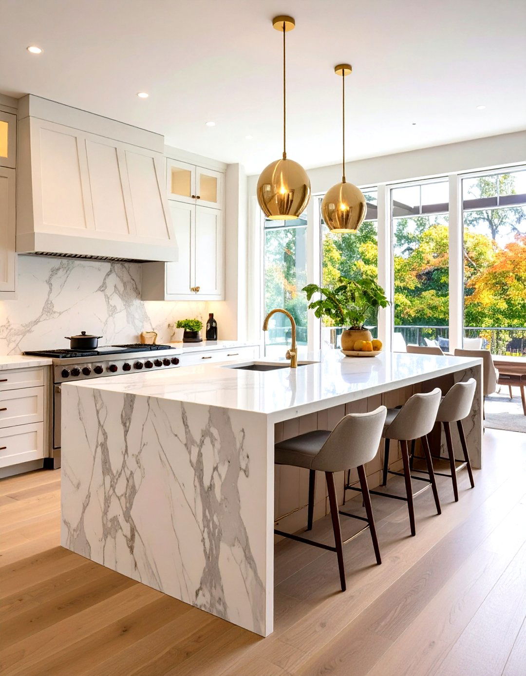 Organic Kitchen Design with Marble Waterfall Islands - 20 Organic Kitchen Design Ideas