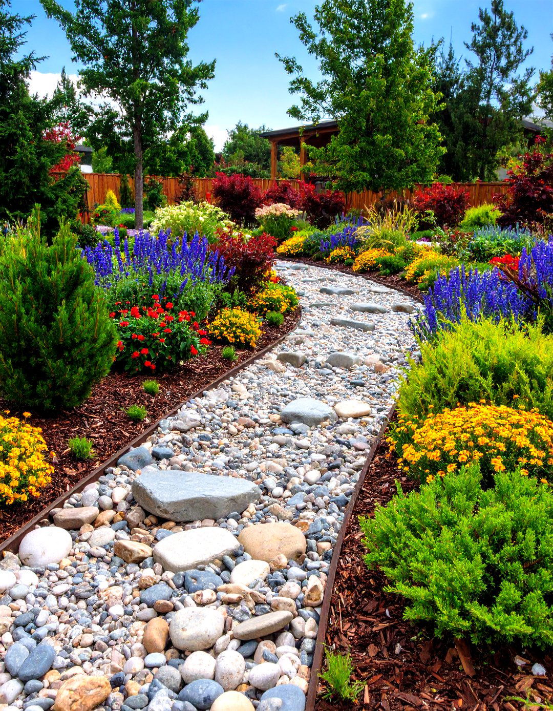 Ornamental Dry Creek With Mulch Islands - 20 Front Yard Landscaping Ideas With Rocks and Mulch