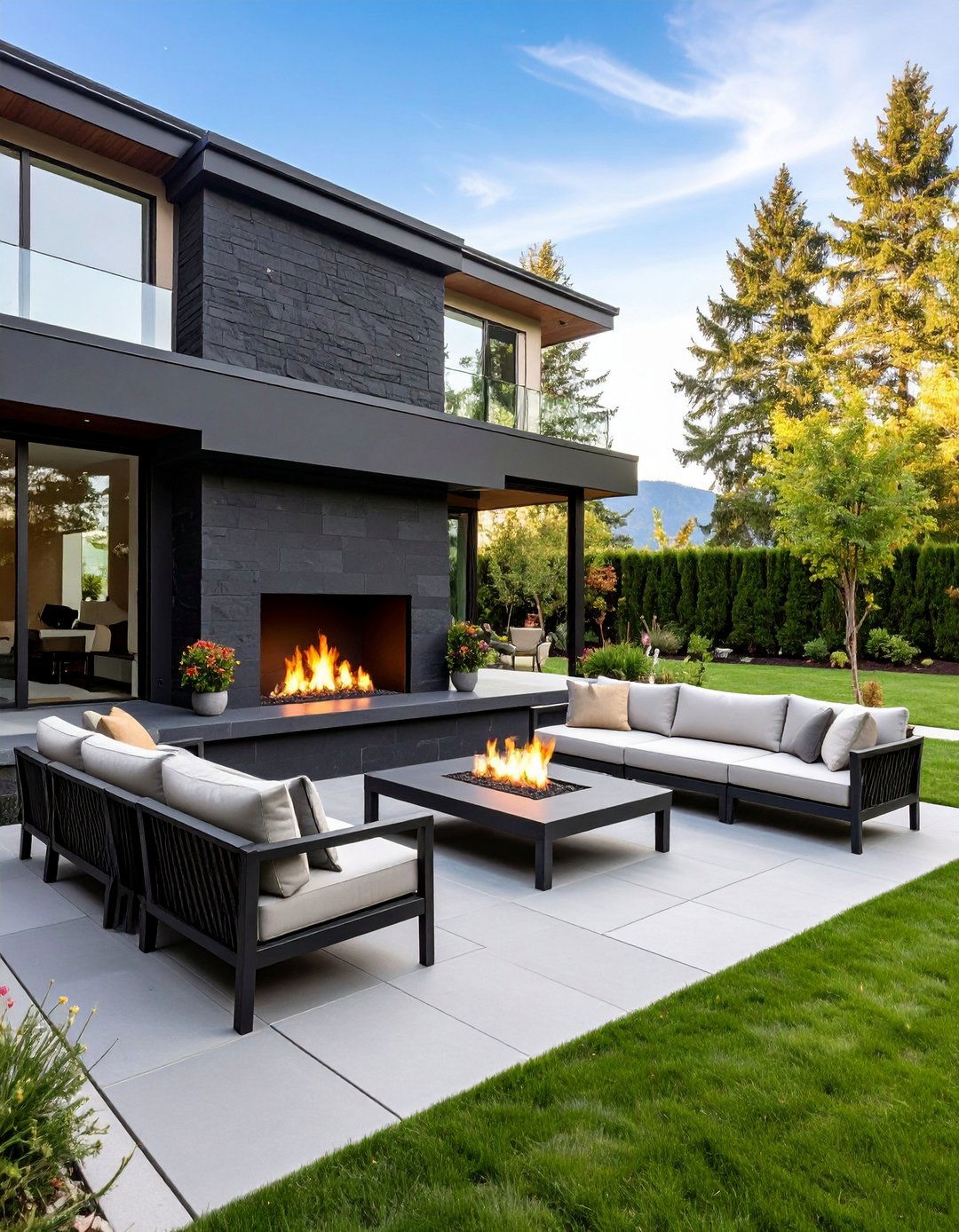 Outdoor Basalt Fireplace Extends Terrace Season - 20 Black Stone Fireplace Ideas
