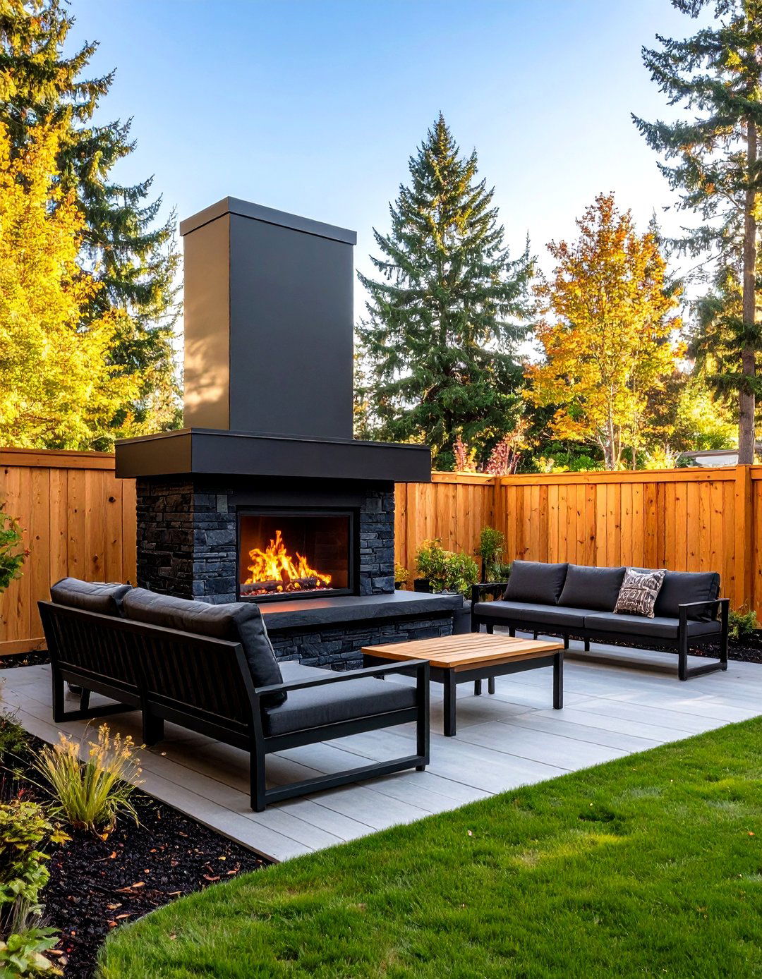 Outdoor Black Stone Fireplace Lounge - 20 Black Fireplace Ideas
