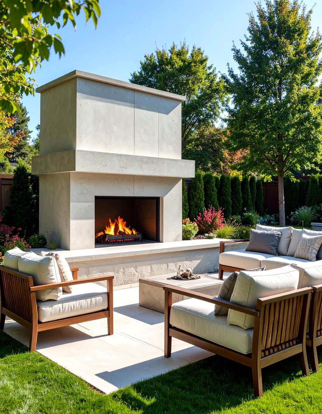 Outdoor Concrete Fireplace with Extended Hearth Seating - 20 Concrete Fireplace Ideas