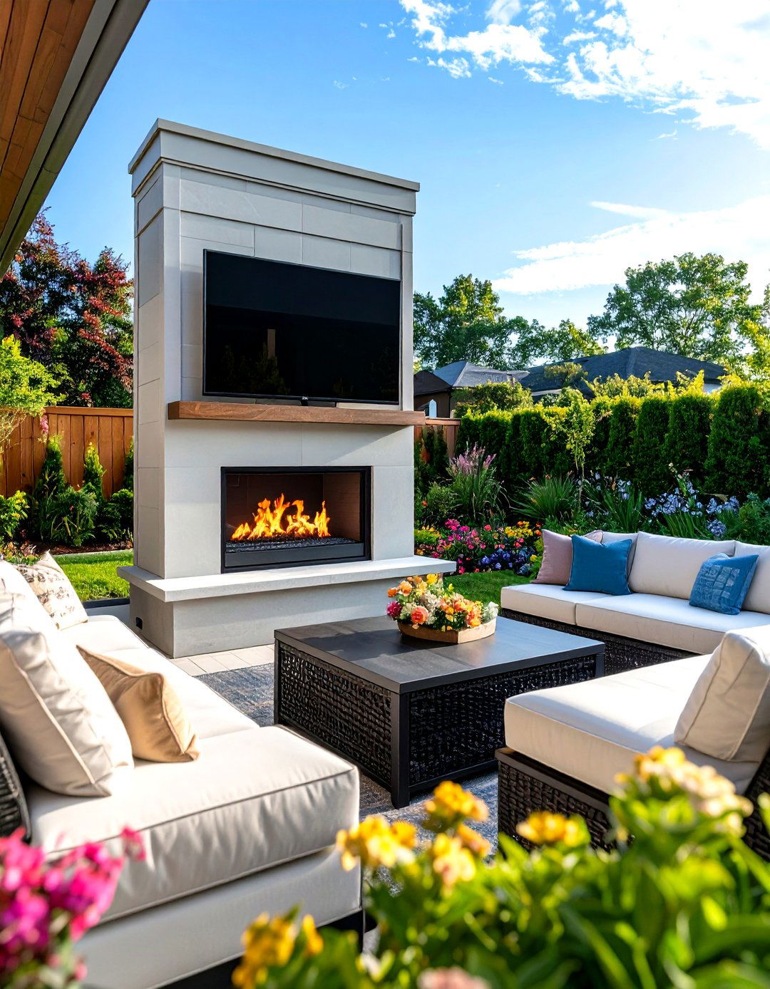 Outdoor Corner Fireplace with TV Mount - 20 Outdoor Corner Fireplace Ideas