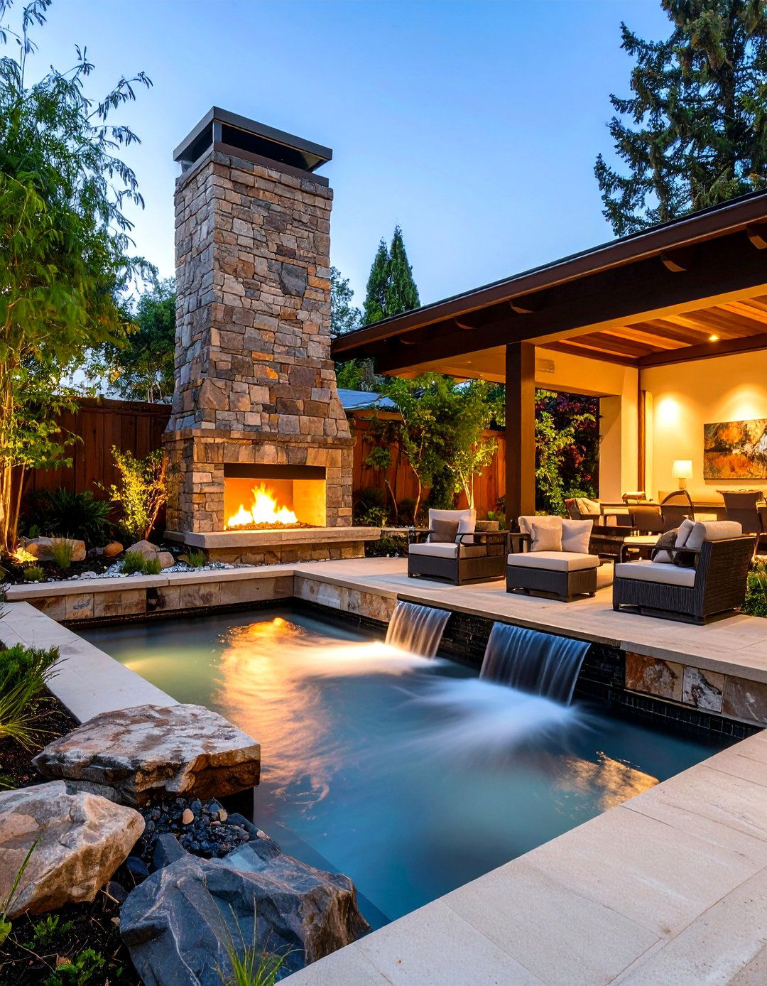 Outdoor Corner Fireplace with Water Feature - 20 Outdoor Corner Fireplace Ideas