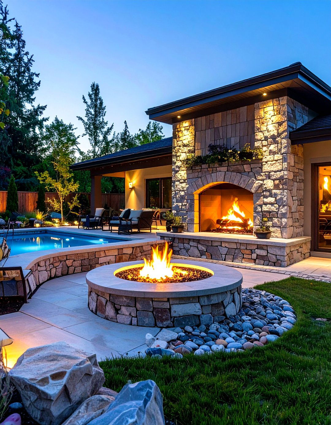 Outdoor Fire Pit and Fireplace Combo in Faux Stone Veneer - 20 Faux Stone Fireplace Ideas