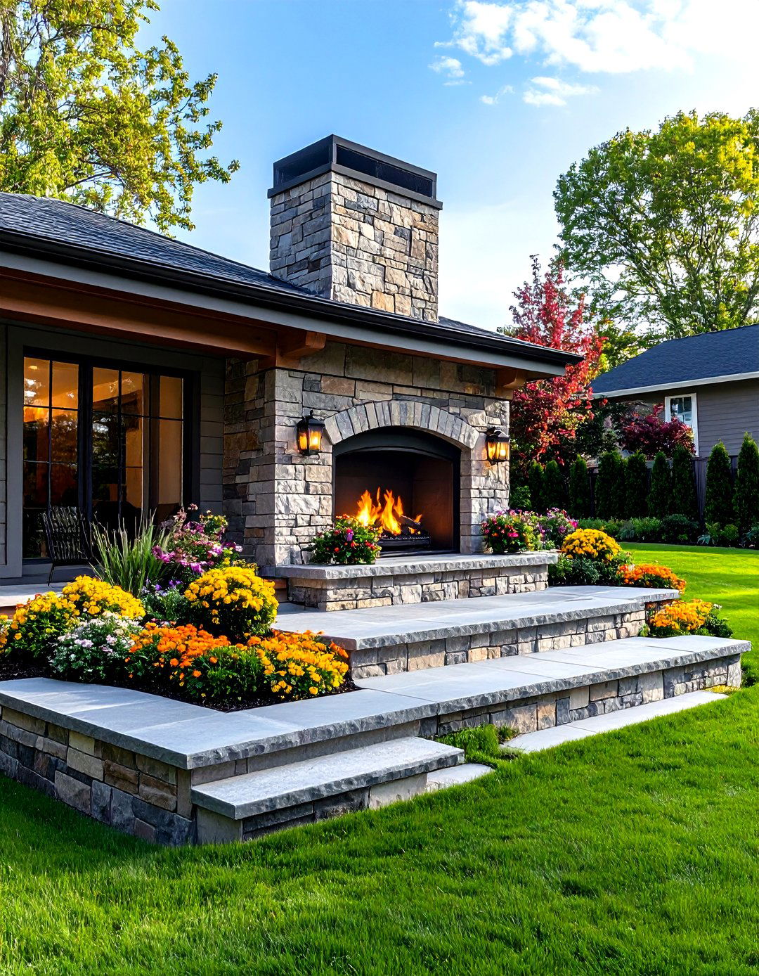 Outdoor Fireplace Multi Level Stepped Construction - 20 Outdoor Fireplace Ideas