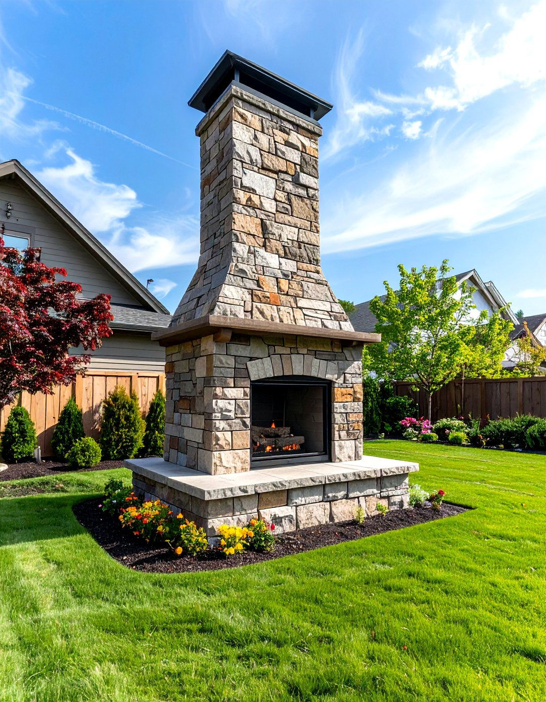 Outdoor Fireplace Tall Stacked Stone Statement Design - 20 Outdoor Fireplace Ideas