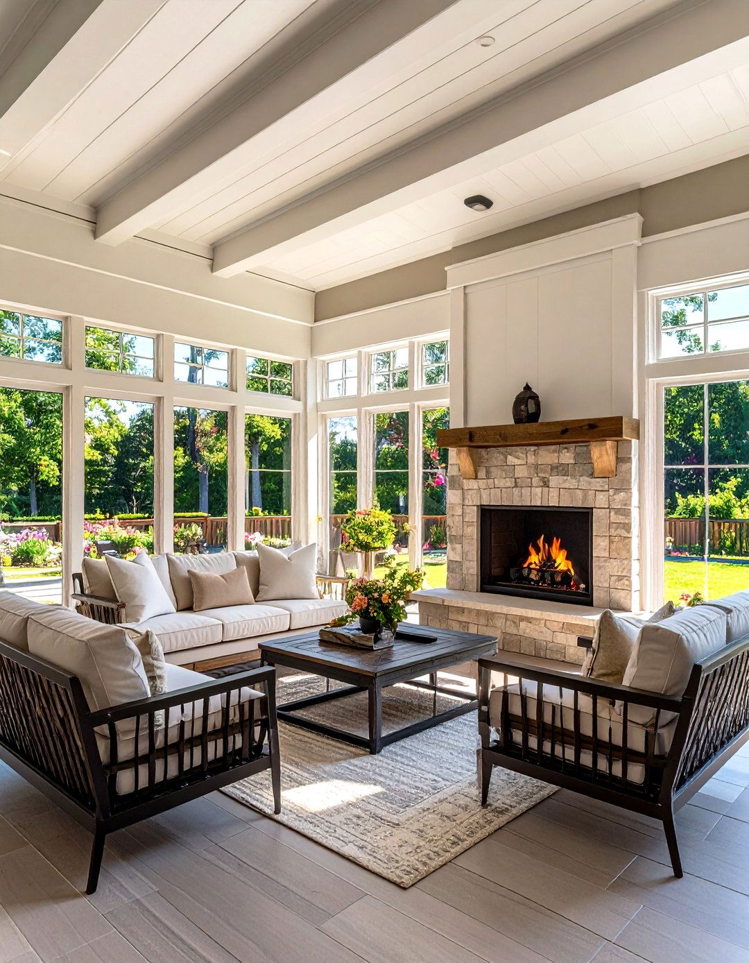 Outdoor Fireplace with Covered Patio Windows - 20 Fireplace Between Windows Ideas