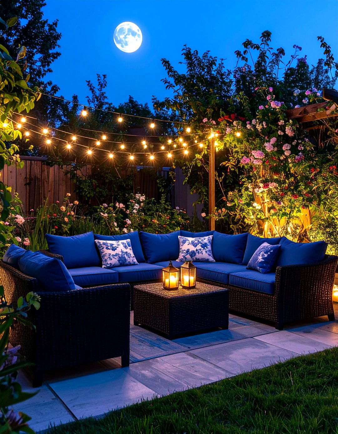Outdoor Gothic Boho Patio with Fairy Lights - 20 Gothic Boho Decor Ideas