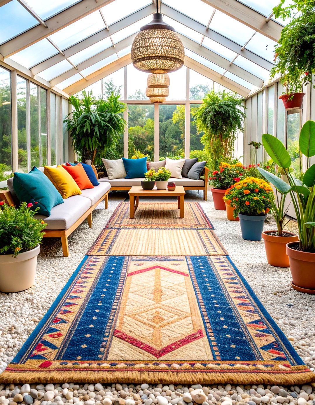 Outdoor Grade Rugs Define Inviting Zones - 20 Greenhouse Decor Ideas